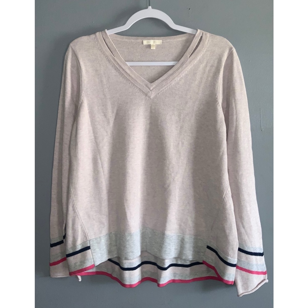 Lisa Todd V-Neck Lavender Cotton Casual Hi-Lo Sweater Stripe Contrast M - Picture 2 of 11